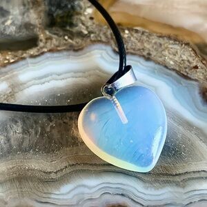 2398 Iridescent Opalite Heart Polished Stone Necklace with Silver Accent